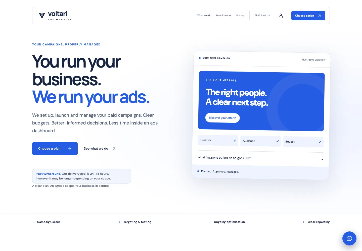 Voltari Ads Manager actual website homepage snapshot